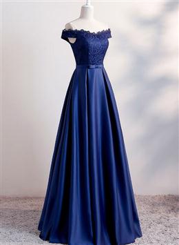 Picture of Pretty Navy Blue Satin Long Party Dresses , Long Bridesmaid Dress